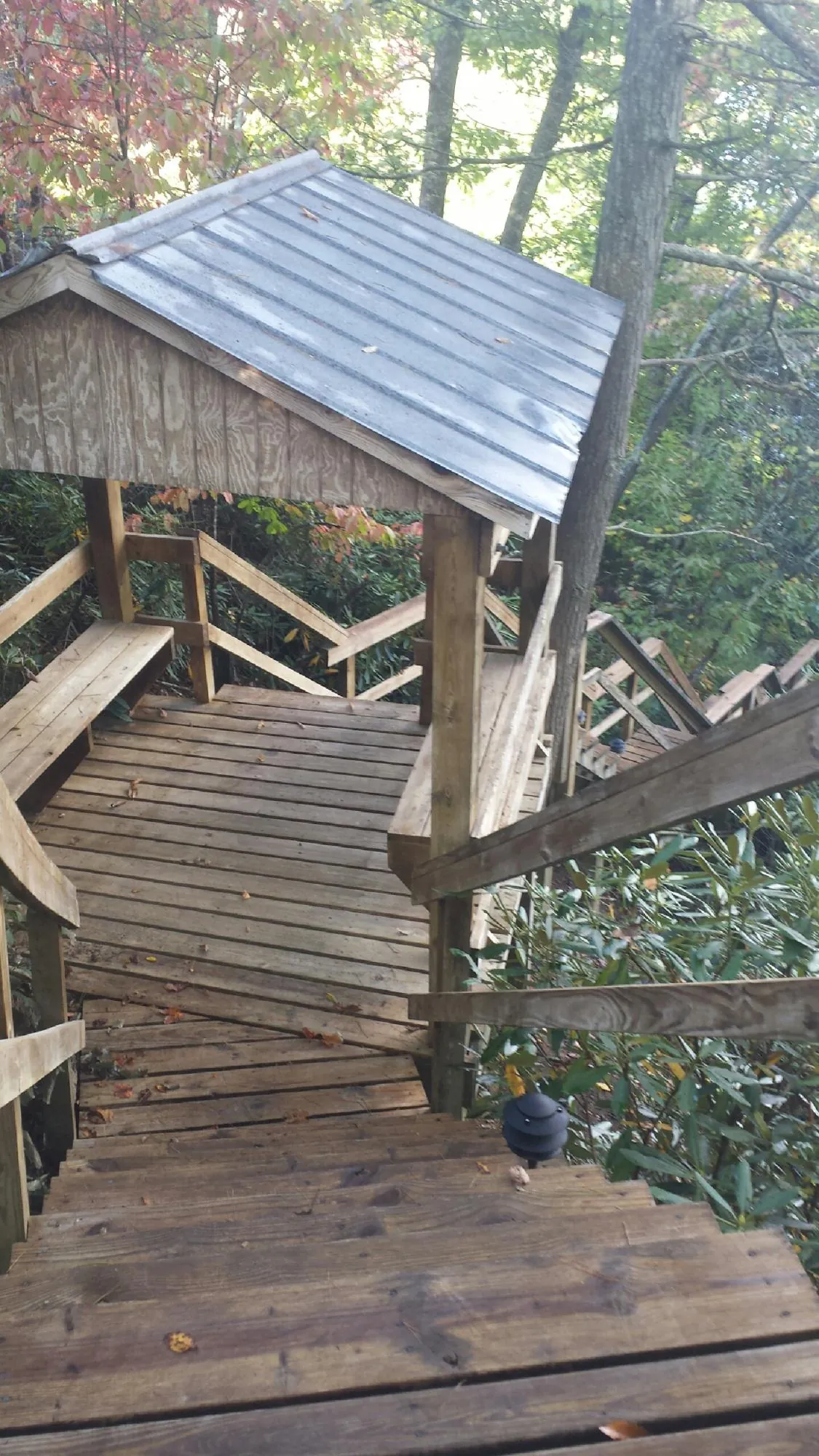Metal roofed shelter over wooden steps on a wooded walkway — Skylight Repair & Installation work by our crew in Perris